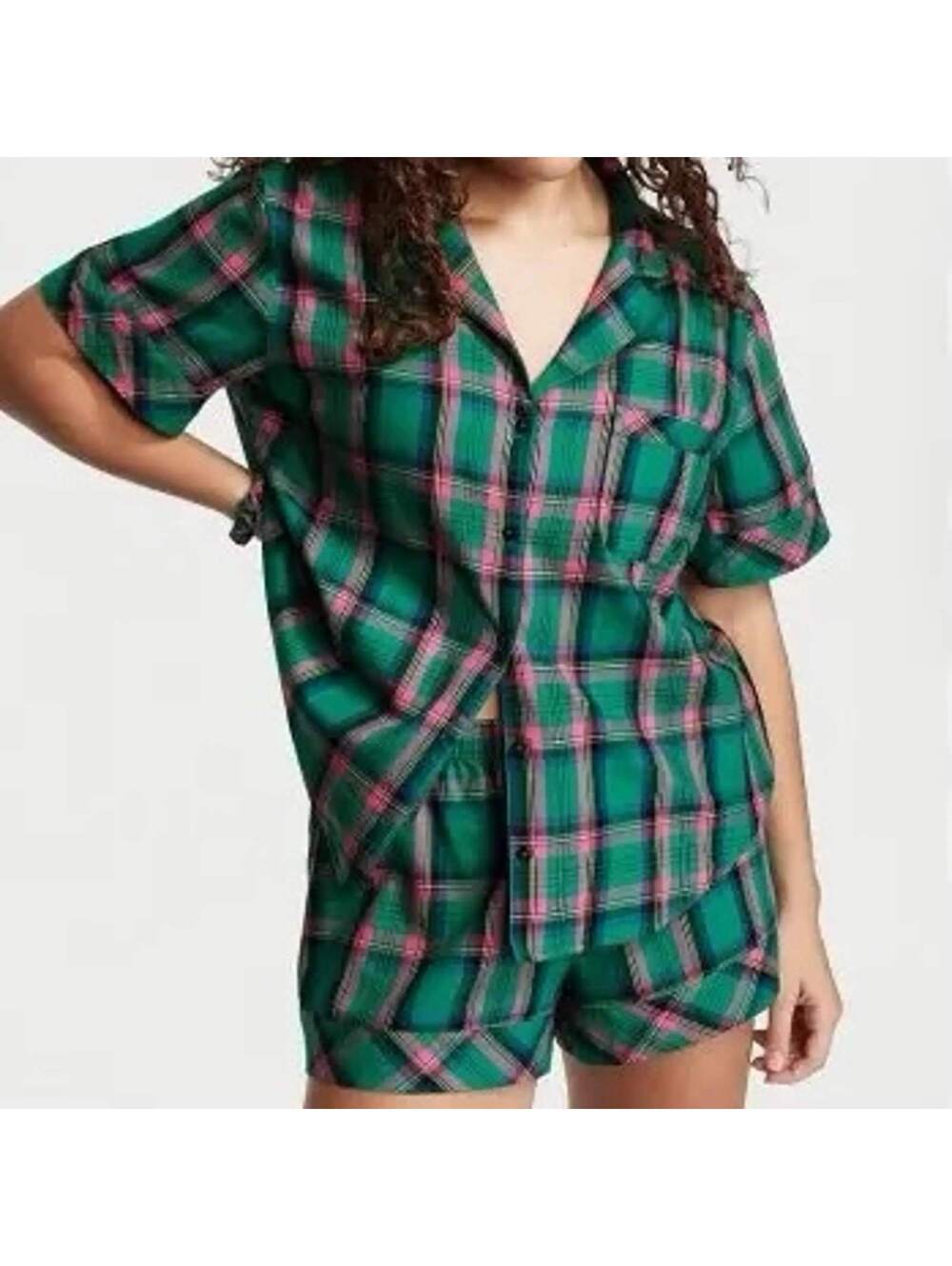 Victoria's Secret Green & Pink Plaid Short Pajama Set Size L Cute Cozy PJs